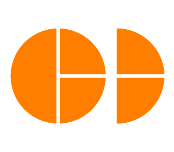 Two orange circles divided into four equal sections, with one quarter missing from the right circle.