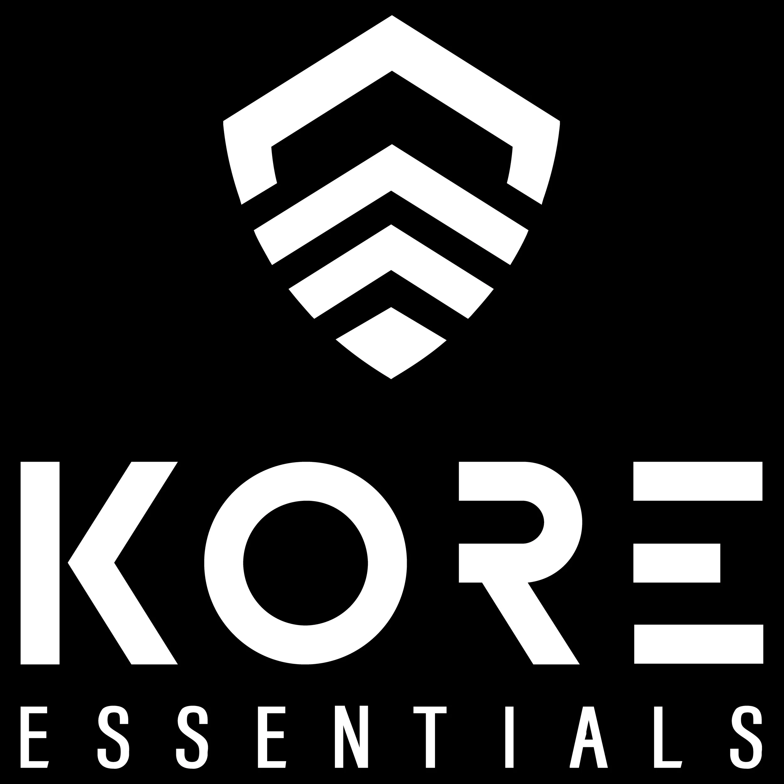Black background with a white geometric shield logo above the text 'KORE ESSENTIALS' in bold, white letters.