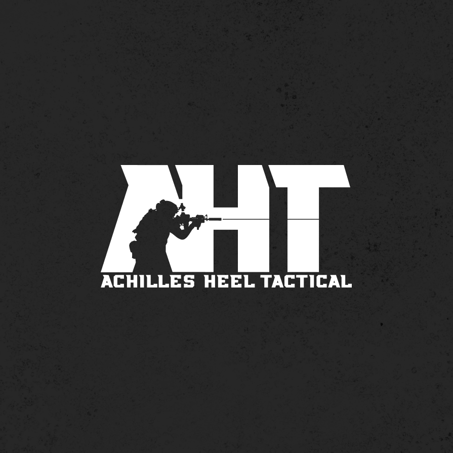 Logo with the text 'Achilles Heel Tactical' featuring a silhouette of a soldier aiming a rifle.