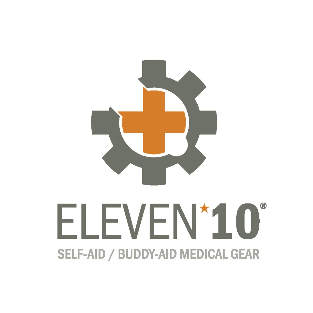 Logo of Eleven 10, a company specializing in self-aid and buddy-aid medical gear, featuring a gear with a cross in the center and the text 'ELEVEN 10 SELF-AID / BUDDY-AID MEDICAL GEAR'.
