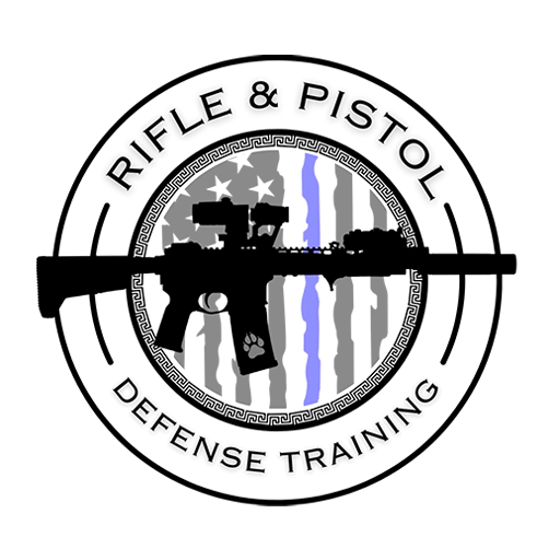 Logo with a rifle and pistol crossed, surrounded by stars and stripes, with the text 'Rifle & Pistol Defense Training'.