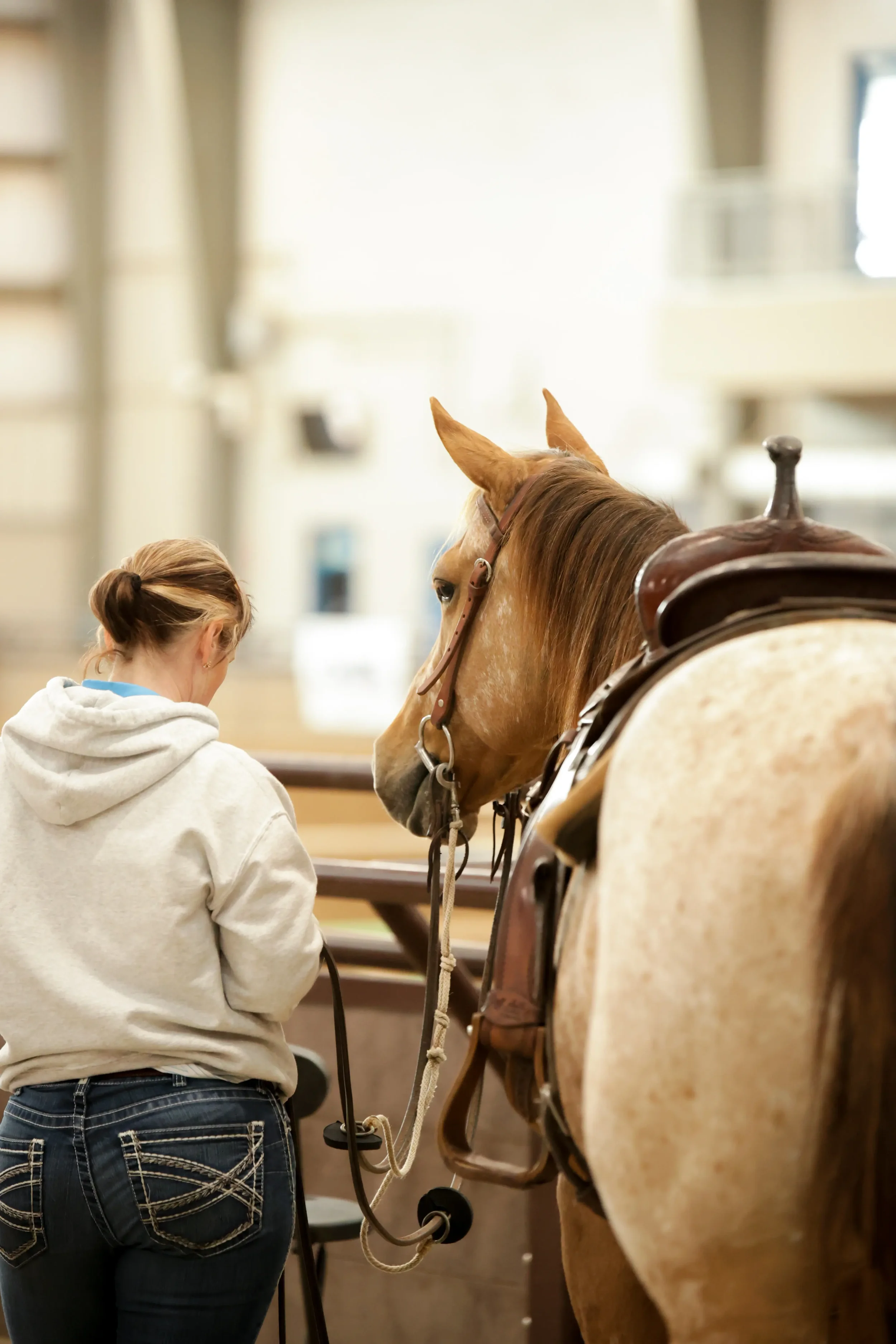 A person with brown hair in a ponytail, wearing a white hoodie and blue jeans, standing next to a brown horse with a saddle, inside a bright indoor riding arena.