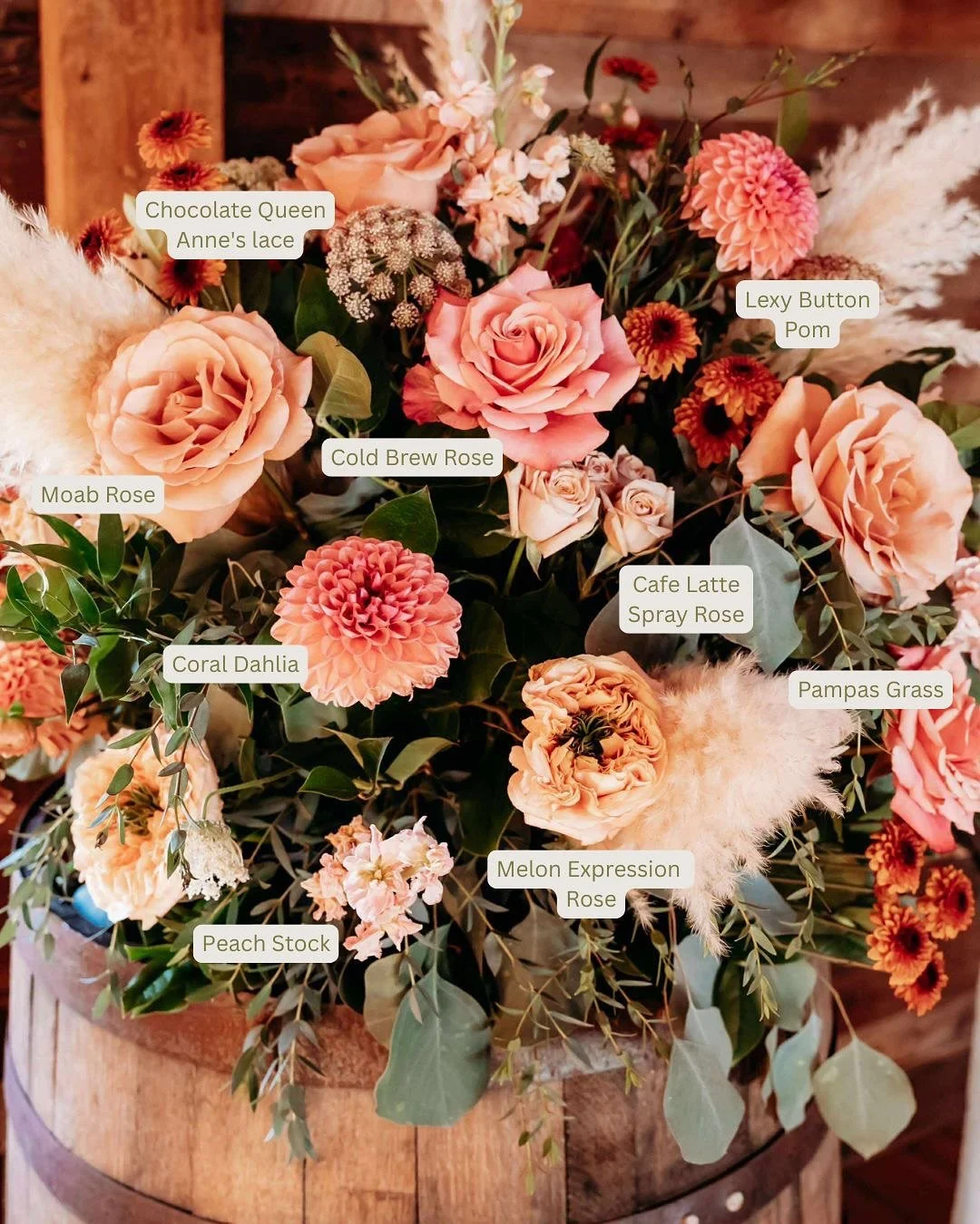 For this table arrangement, we combined the best of New England&rsquo;s seasonal blooms &mdash; Queen Anne&rsquo;s Lace, Dahlias, Poms, Stock, and Pampas Grass &mdash; with sourced specialty roses including Moab, Cold Brew, Caf&eacute; Latte, Melon E
