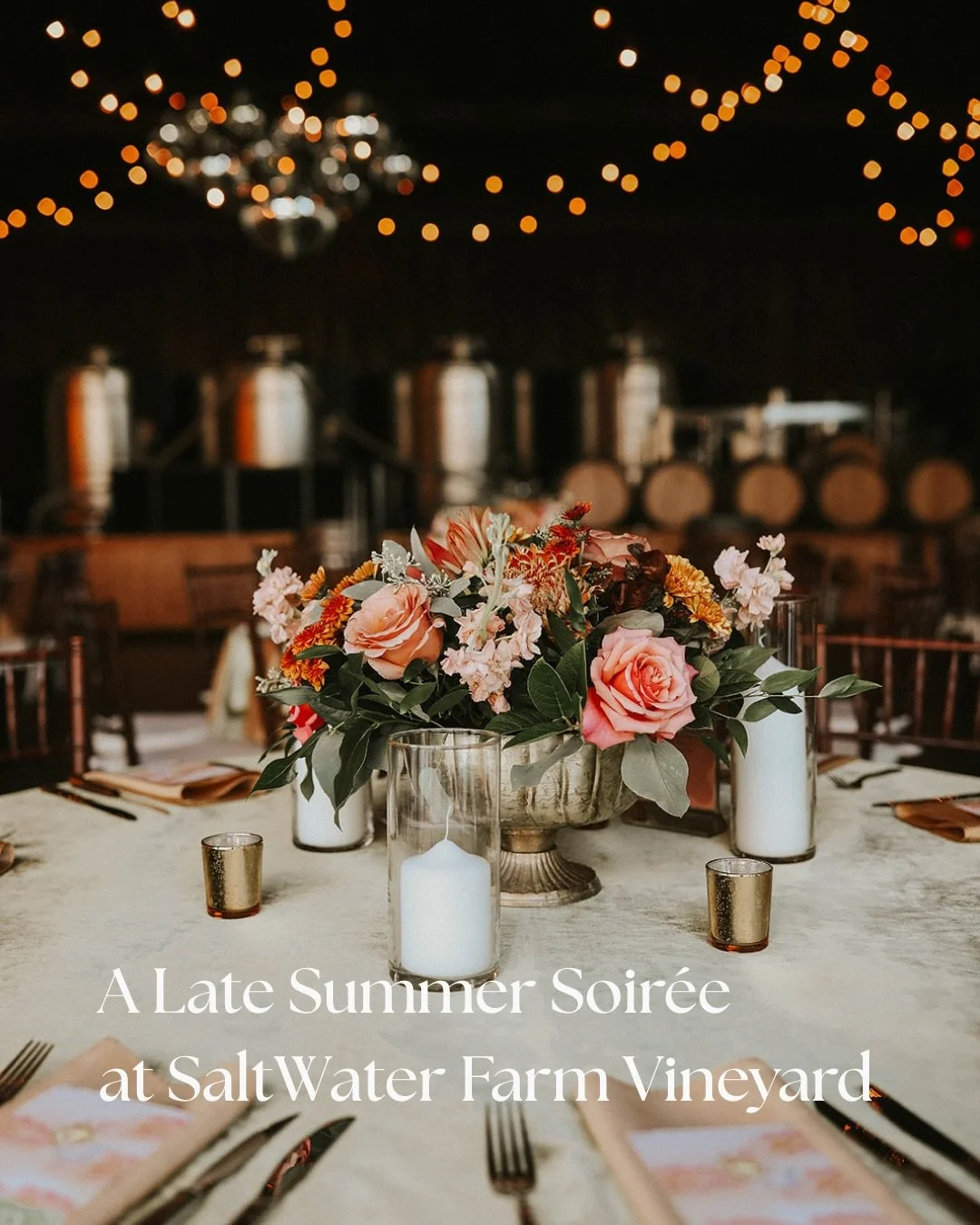 A late summer soir&eacute;e at Saltwater Farm Vineyard, styled with intention.

Warm, moody tones layered with vintage golds, retro calligraphy, and a touch of disco-era sparkle set the tone for this celebration. Our florals took center stage&mdash;t