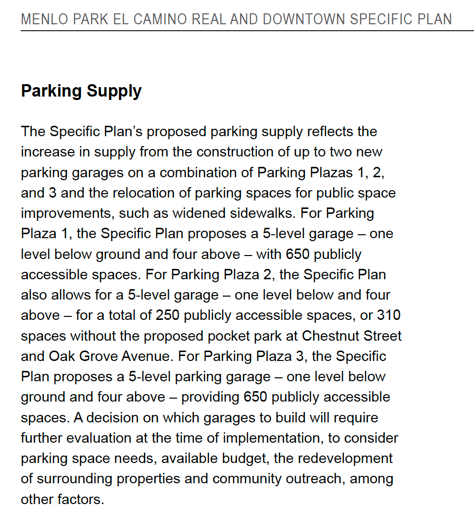 Excerpt from a planning document discussing parking garage options for Menlo Park, El Camino Real, including details about proposed multi-level garages with public parking spaces and related public space improvements.
