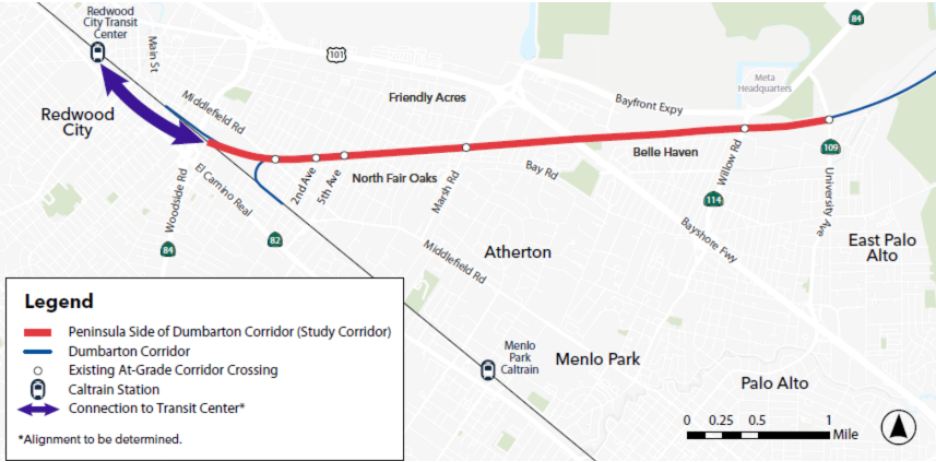 map of proposed bus line from University Ave. to downtown Redwood City