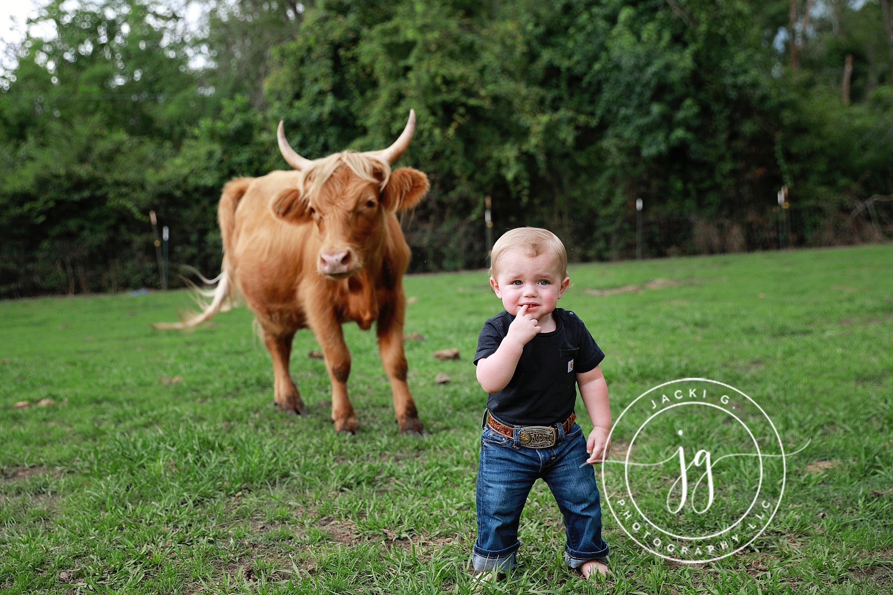 A young boy with light skin, wearing a black t-shirt and jeans, stands on a grassy field with trees in the background. He is touching his lips with his finger and looking at the camera. Behind him, a large brown cow with long horns and a fringed forehead stands on the grass. The scene is outdoors on a bright, clear day.