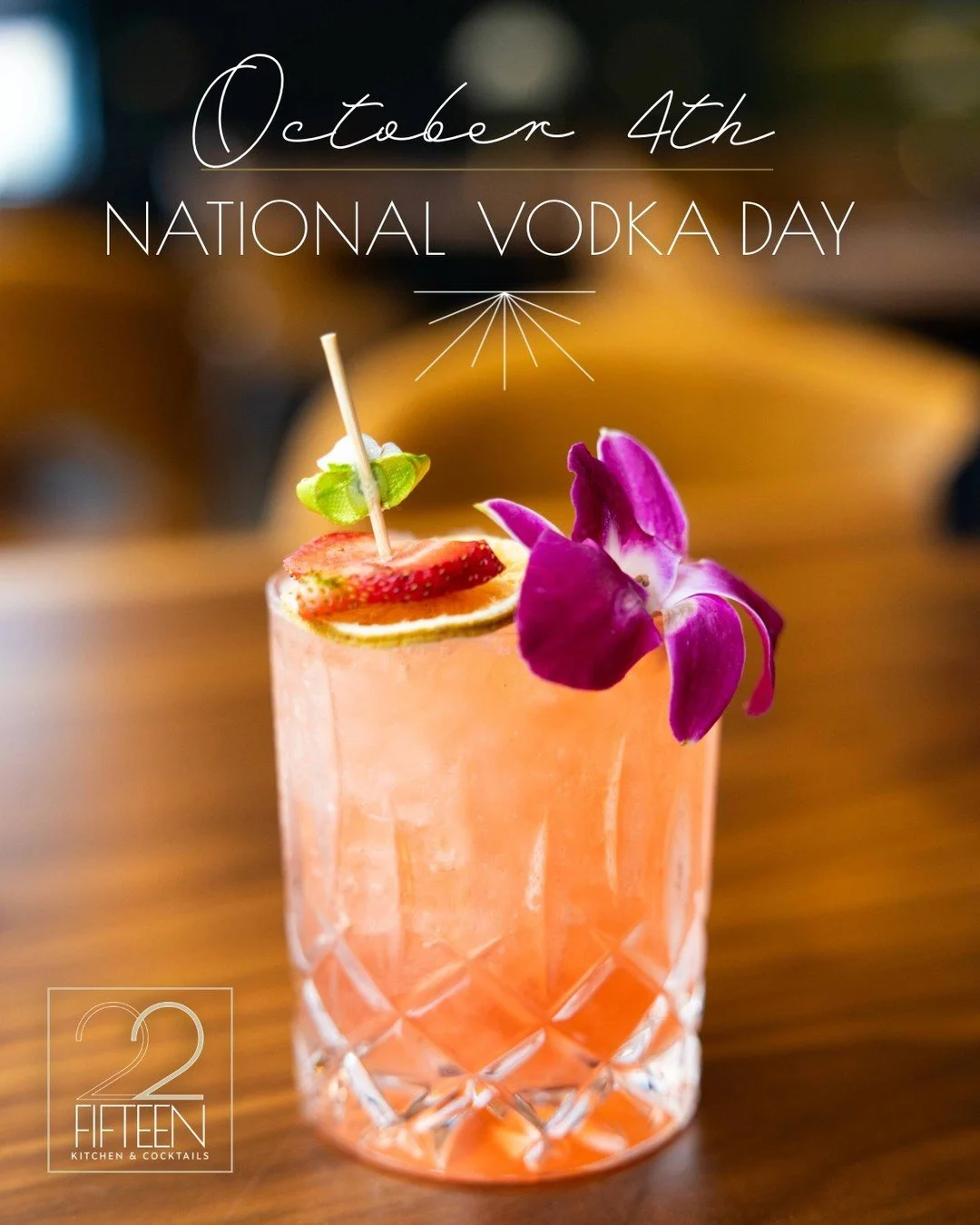 It&rsquo;s National Vodka Day&mdash;and we&rsquo;re raising a glass with our Strawberry Jammer. 🍓✨ Sweet, refreshing, and just the right amount of bold. Celebrate the day, 22Fifteen style.

Open today 11am-12am!
📅 Make a reservation or 📖 view our 
