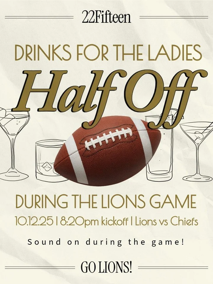Game day plans? We&rsquo;ve got you covered. 🏈💙 Grab your crew, order your favorites, and catch the Lions game with us at 22Fifteen &mdash; where great food and drinks make every play even better.

📅 Make a Reservation or View Menu: Link in Bio

#