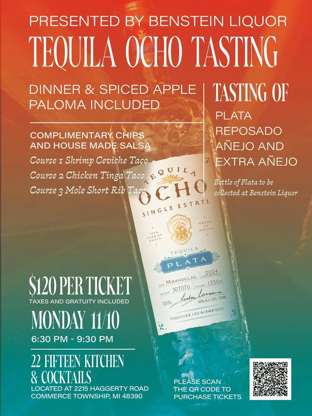 Savor a night of flavor, spirit, and style. 🌵✨
Join us for the Tequila Ocho Dinner &mdash; an exclusive dining experience pairing premium pours with bold, unforgettable bites.

🍽️ Includes a voucher for a bottle of Tequila Ocho
📅 November 10th | 6