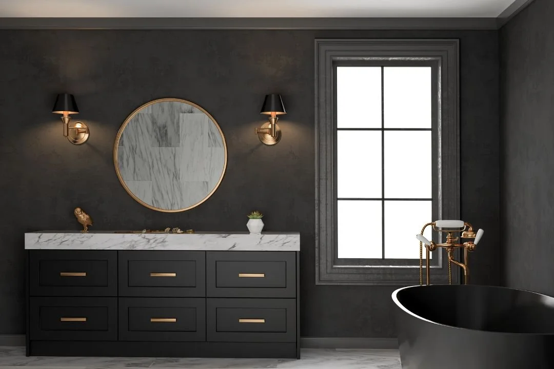 How to Choose the Right Bath Professionals: Tips From Industry Experts 2 Classic luxury bathroom featuring a black vanity with marble countertop, round mirror, stylish wall sconces, and a freestanding black bathtub, set against dark walls and a large window.