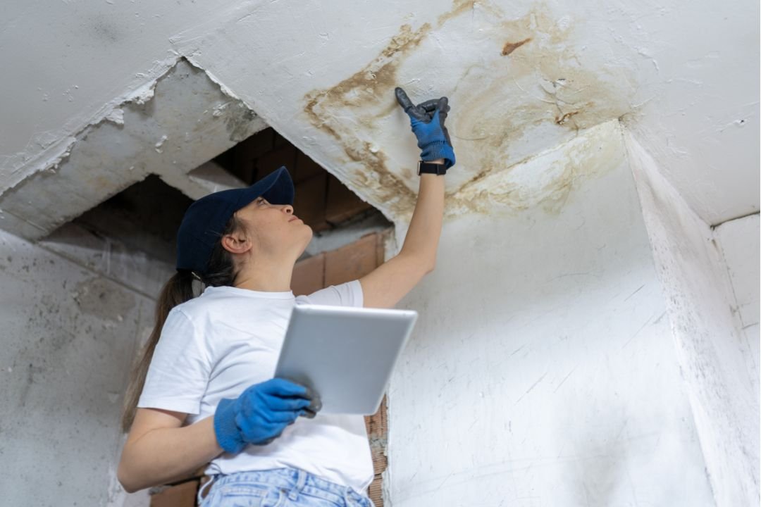 Contractor Orange County: House Damage Restoration Experts 3 Woman assessing water damage on ceiling, holding tablet, wearing gloves, in residential restoration context.