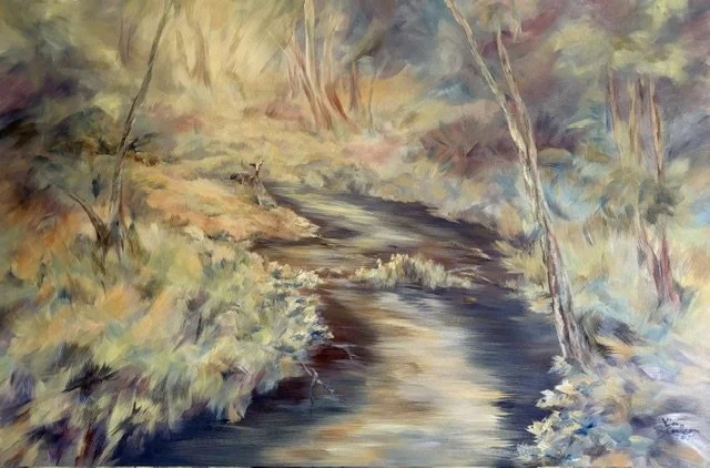 An impressionistic landscape painting of a peaceful river flowing through a wooded landscape with trees on both sides. A deer peeks out from the foliage in the water. This scene is from Afton State Park in Minnesota.