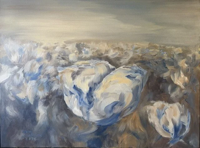 An impressionistic landscape floral painting of a tulip field in shades of white, gray, and blue. This scene is from Amsterdam.