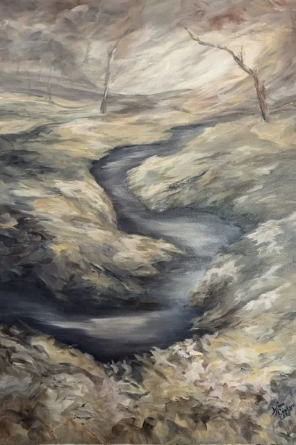 An impressionistic landscape painting of a narrow river or stream flowing through a rocky, barren landscape with leafless trees. This scene is from Afton State Park in the early spring.