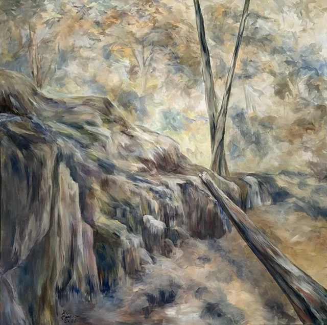 An impressionist landscape painting of a woodland rock outcropping with fallen logs, and trees, with soft natural colors. Interstate Park in Wisconsin.