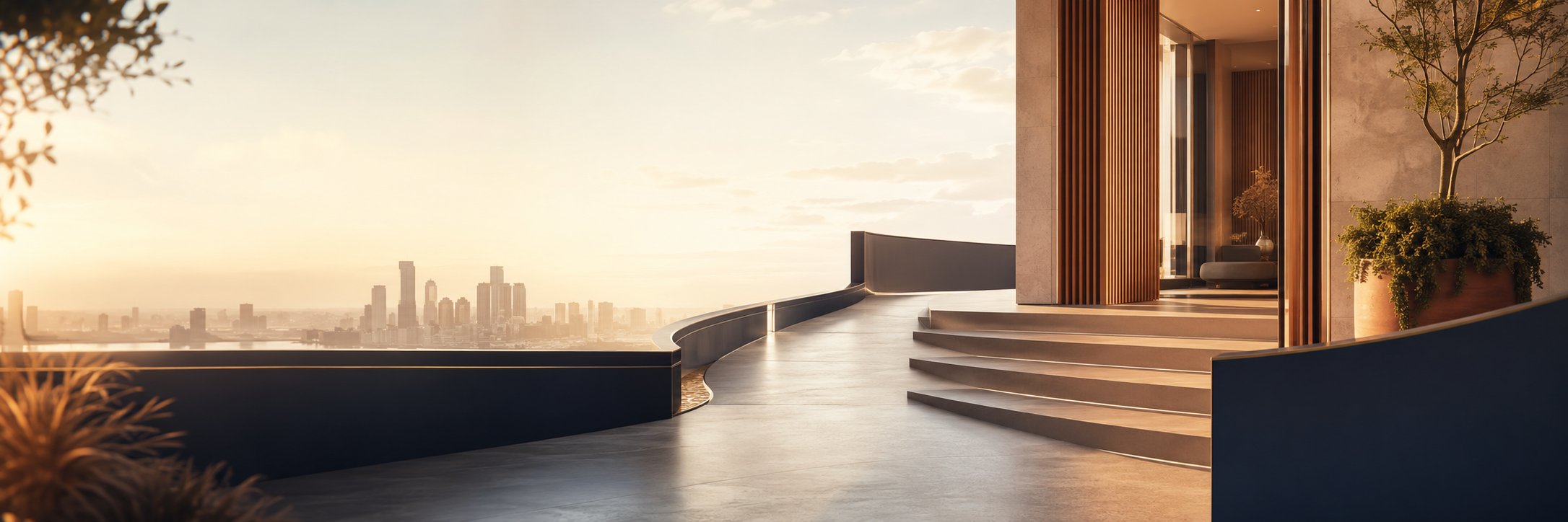 Modern home overlooking a city skyline at sunrise, symbolizing a clear next move