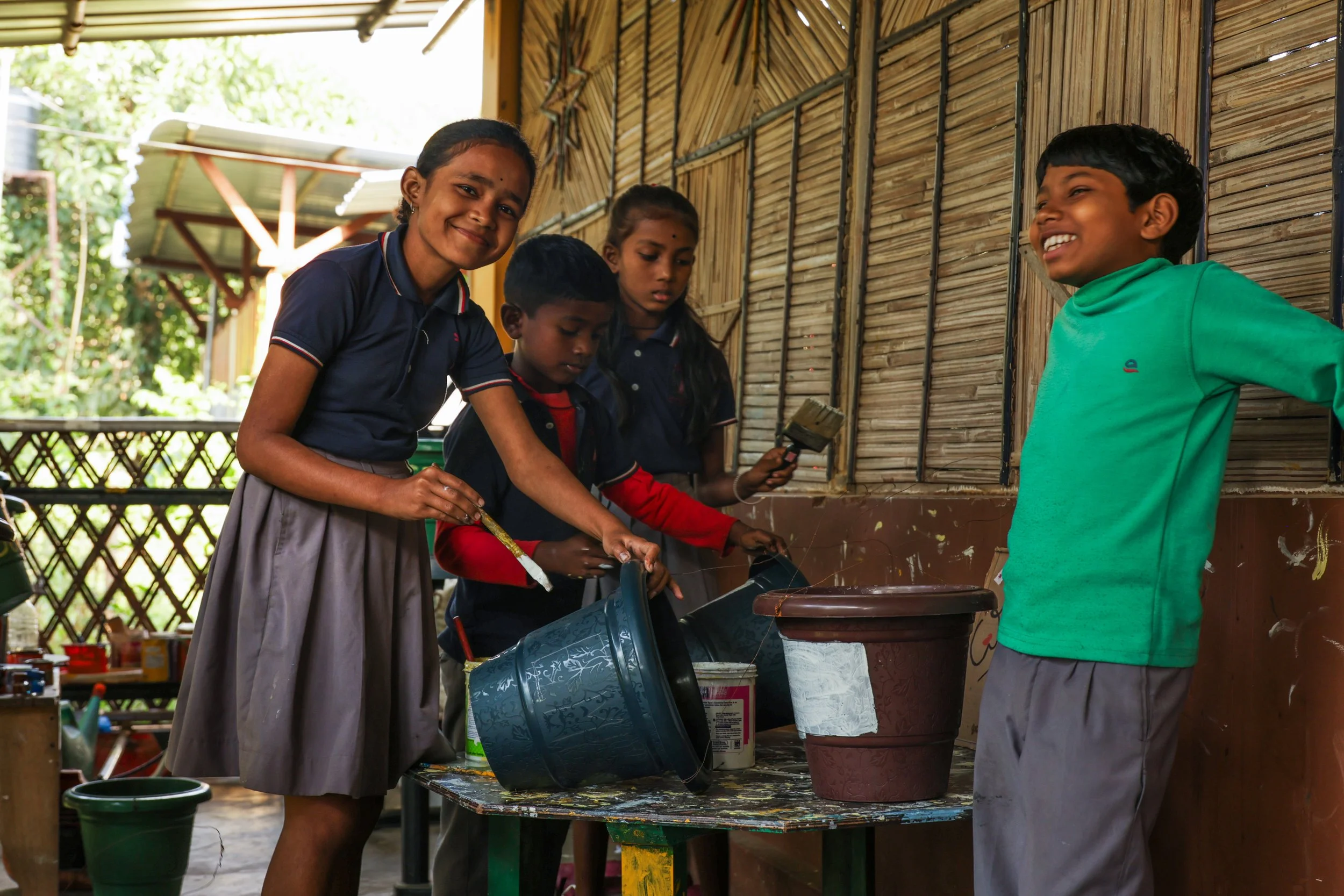 children making crafts outside