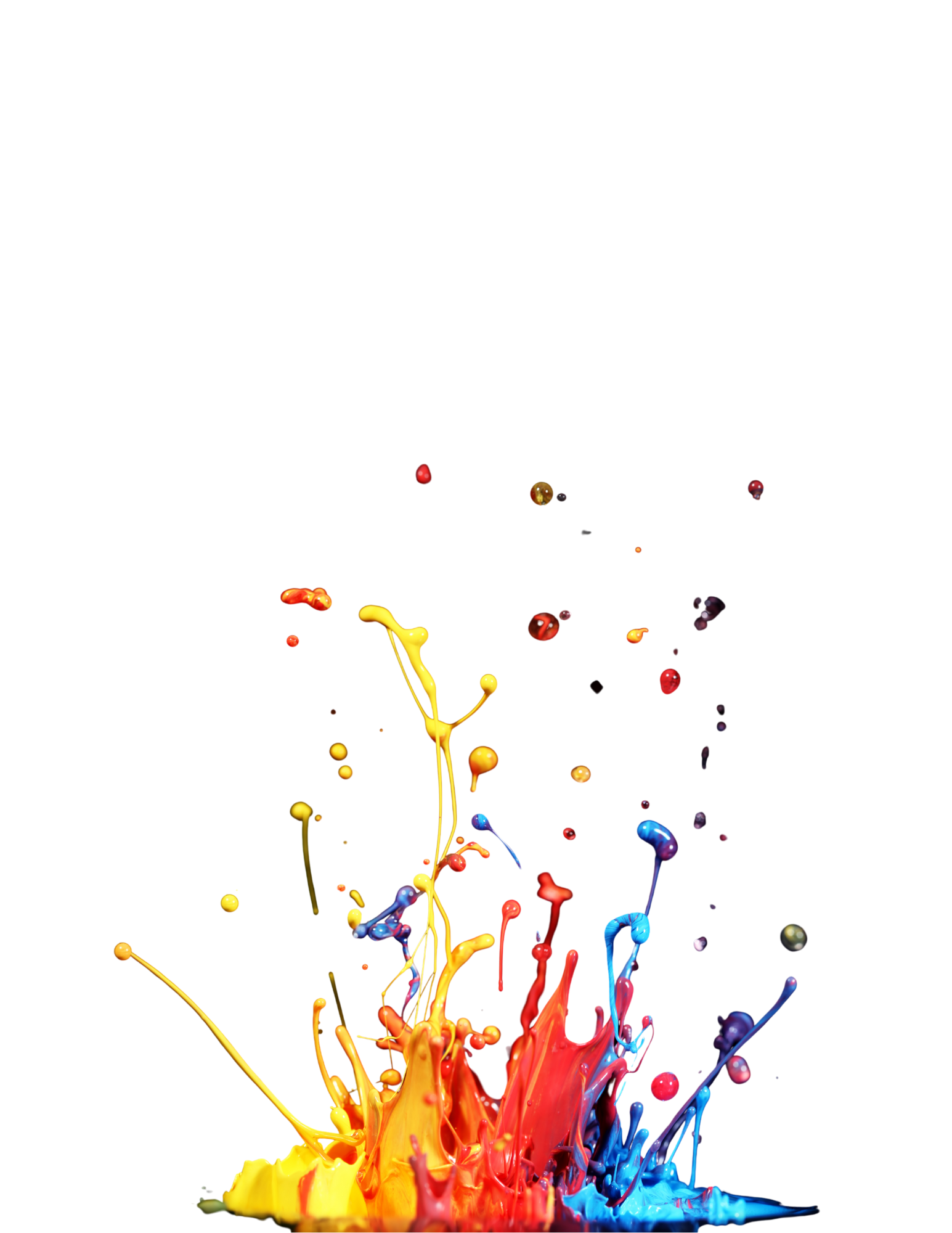 Vibrant splashes of yellow, red, and blue paint against a black background.