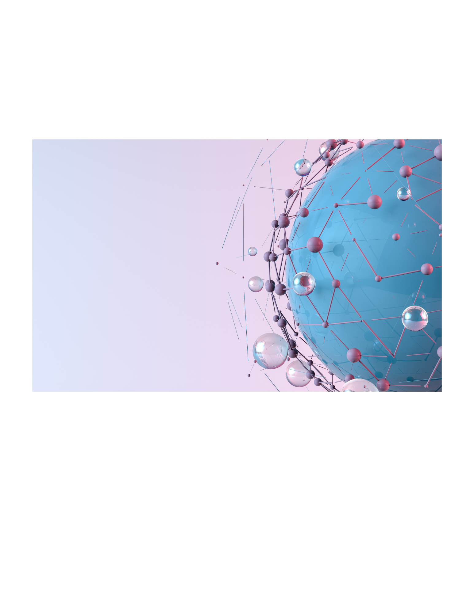 Abstract image of a blue sphere with pink nodes and lines, surrounded by small reflective spheres against a light gradient background.