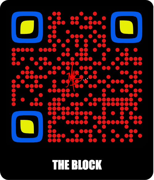 Colorful QR code with red dots, blue and yellow corners, labeled "The Block."
