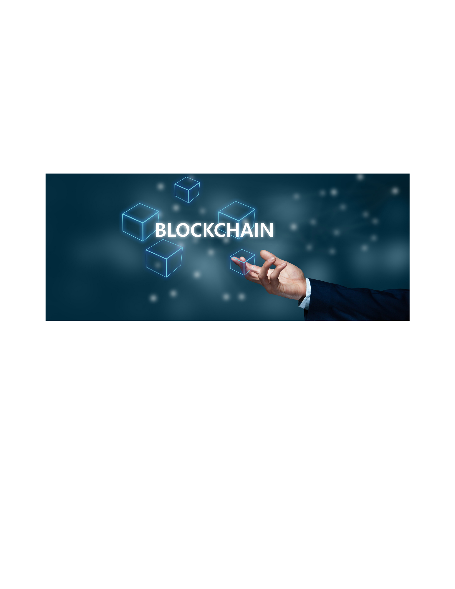 A business person's hand pointing at the word 'BLOCKCHAIN' with digital cubes representing data blocks on a blue background.