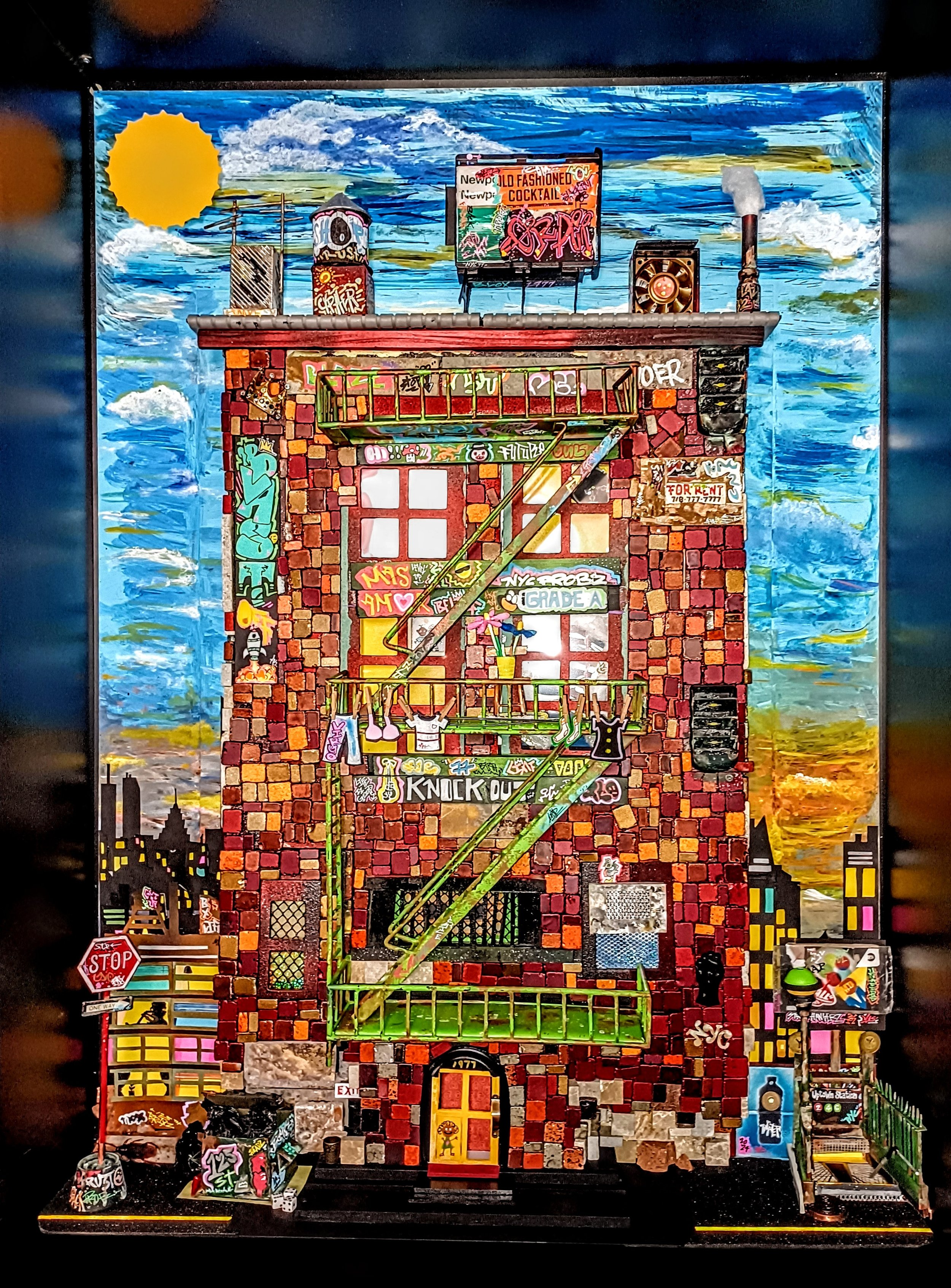 Colorful artwork of a city building with graffiti, fire escape, and vibrant sky.