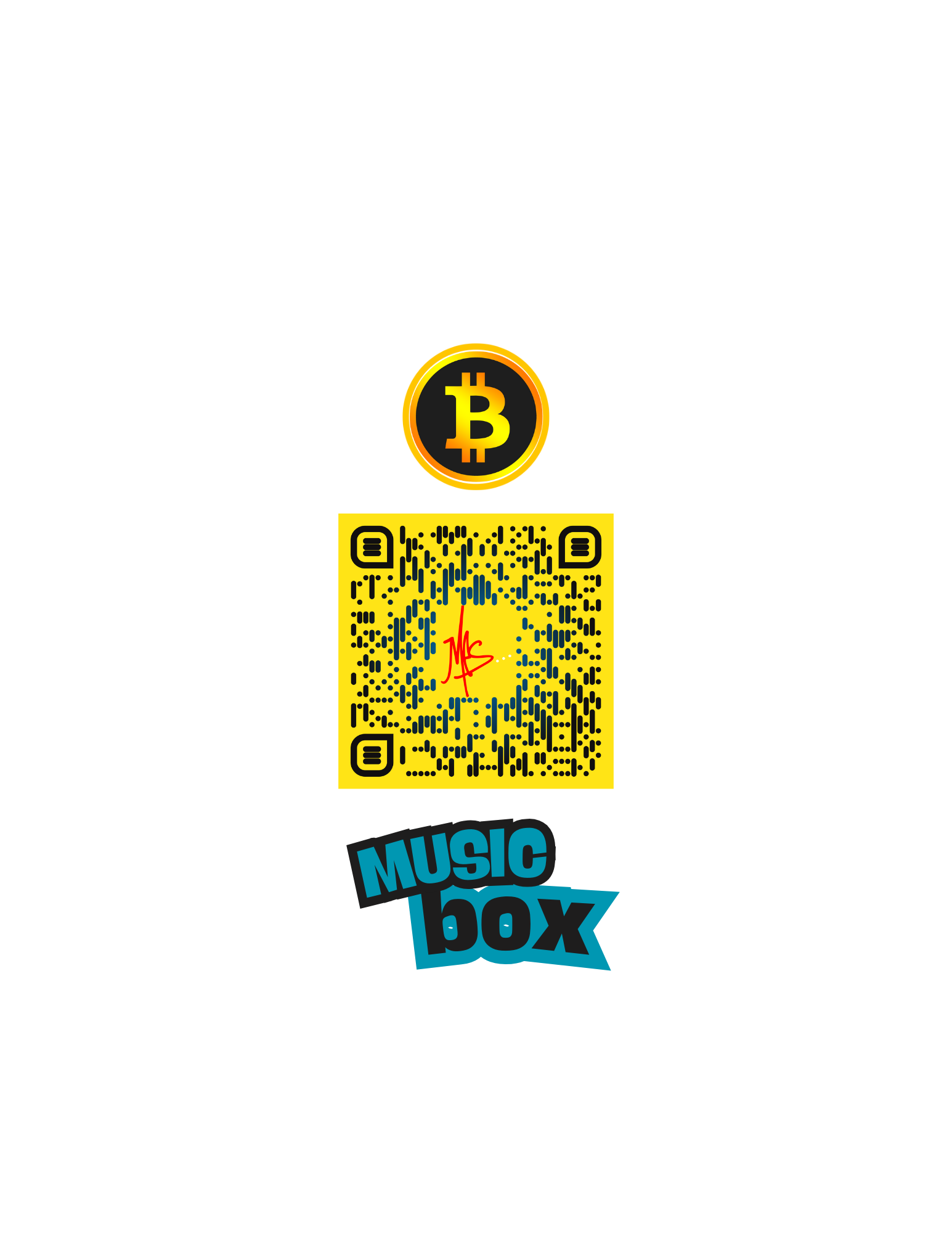 Bitcoin logo, yellow QR code with abstract design, 'Music Box' text at bottom