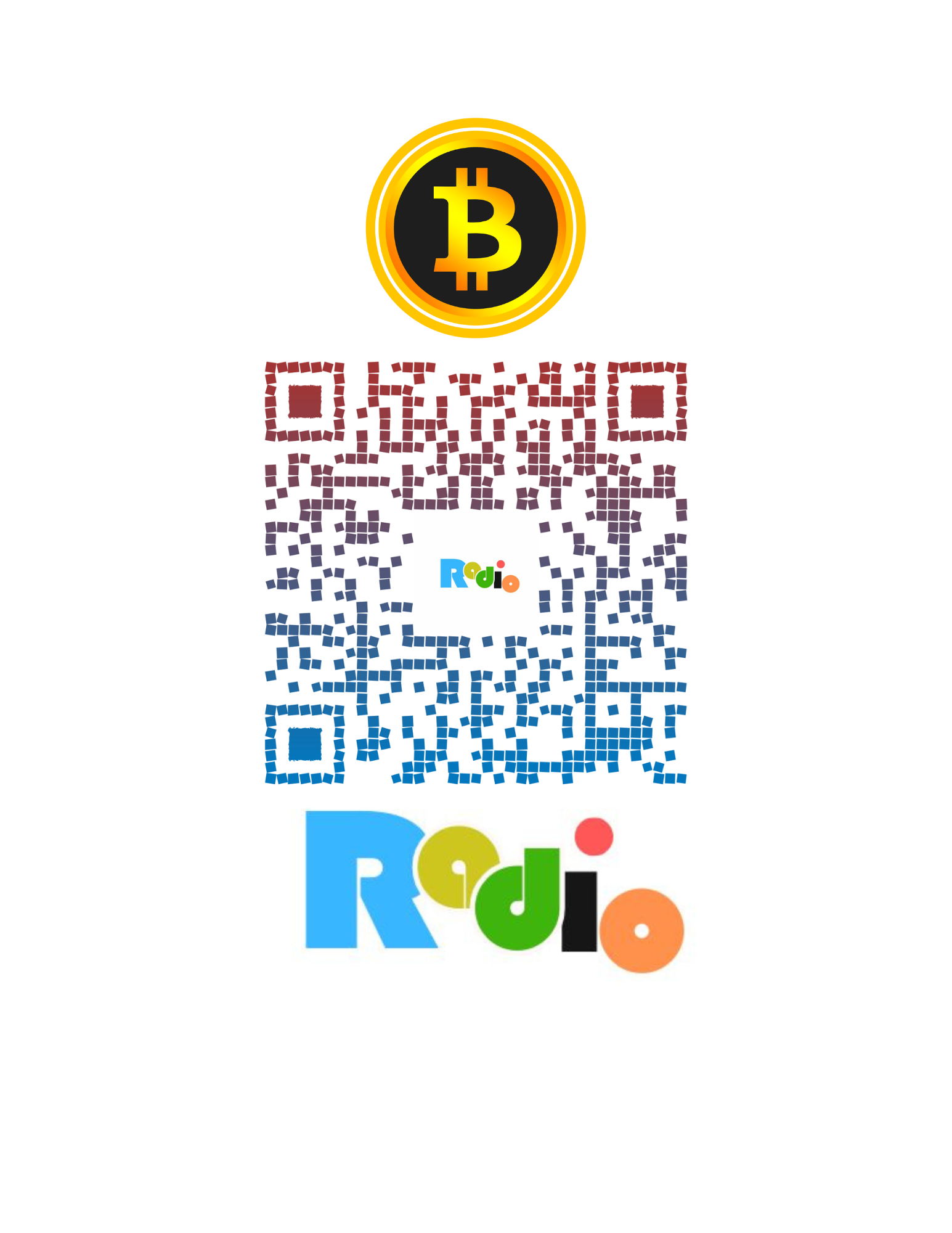 Image of a colorful QR code with the word 'Radio' beneath it and a Bitcoin logo above.