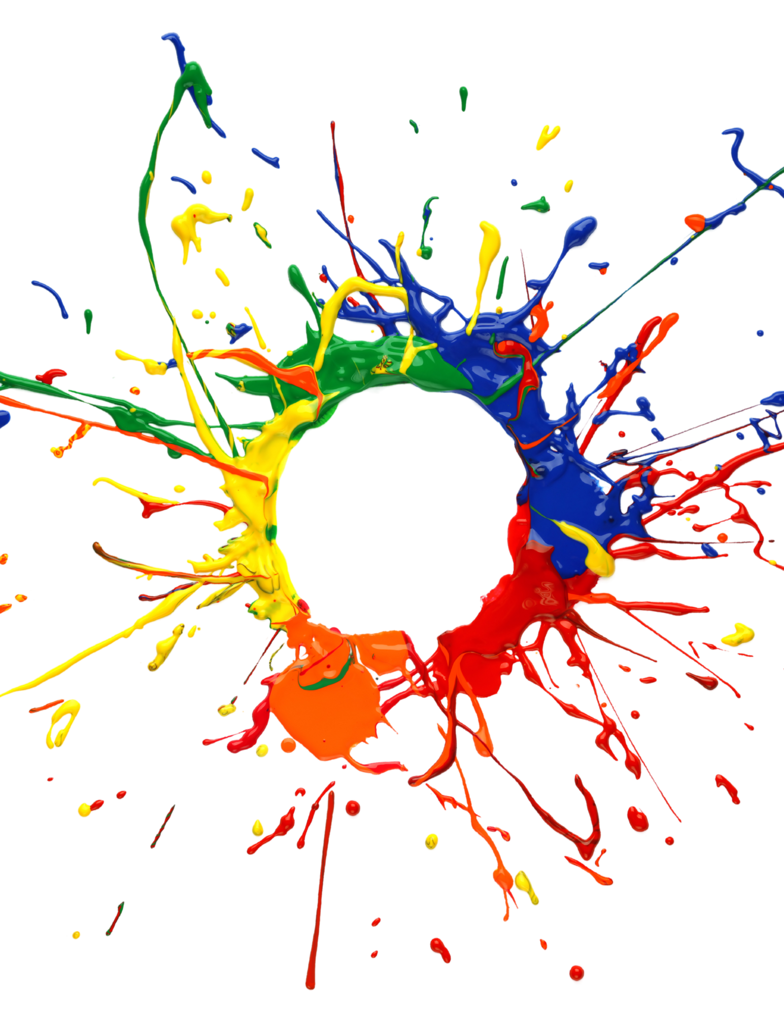 Colorful splatter paint in a circular pattern on a black background.