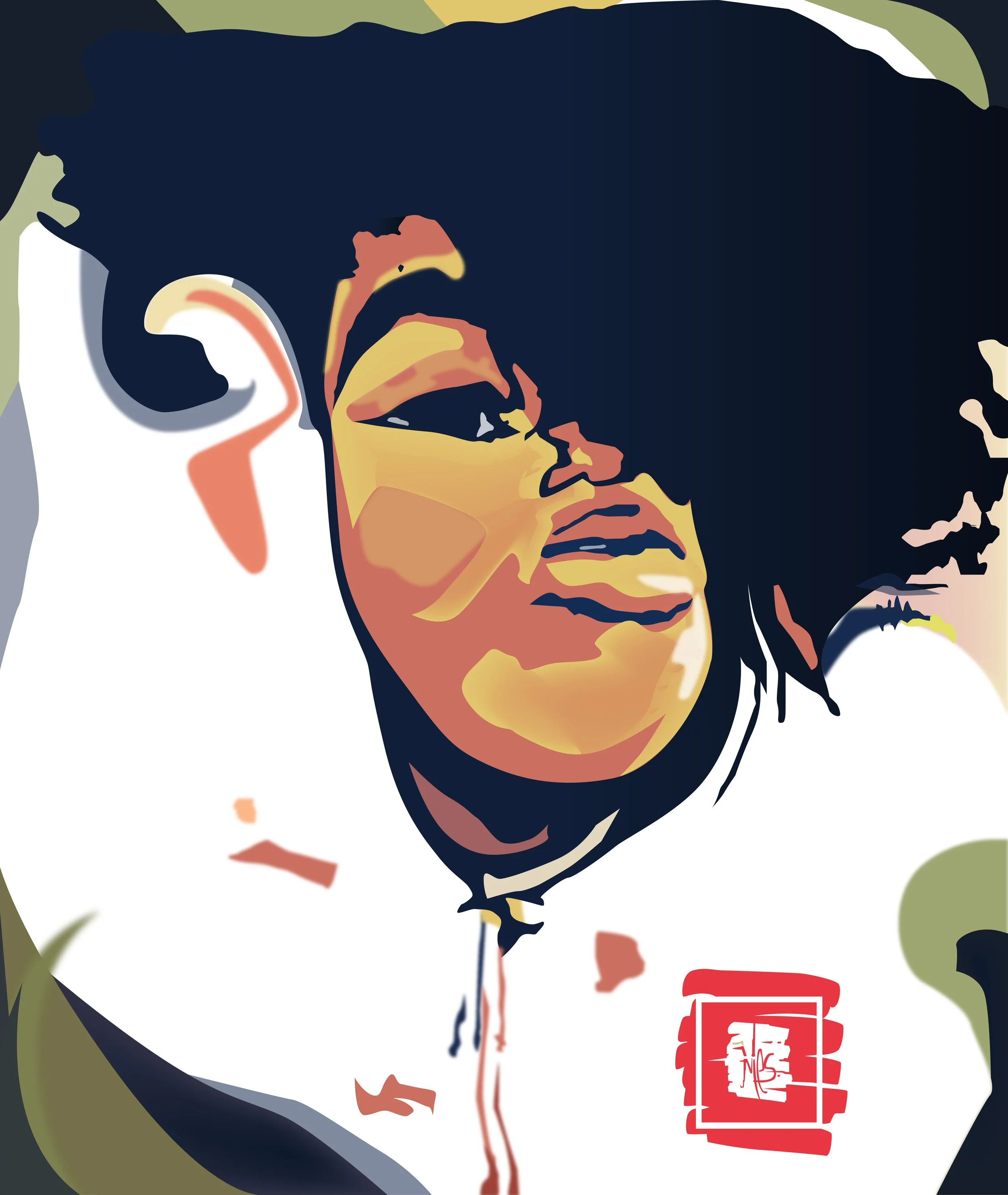 Abstract portrait of a person with stylized features and bold colors, wearing a white shirt with a red emblem.