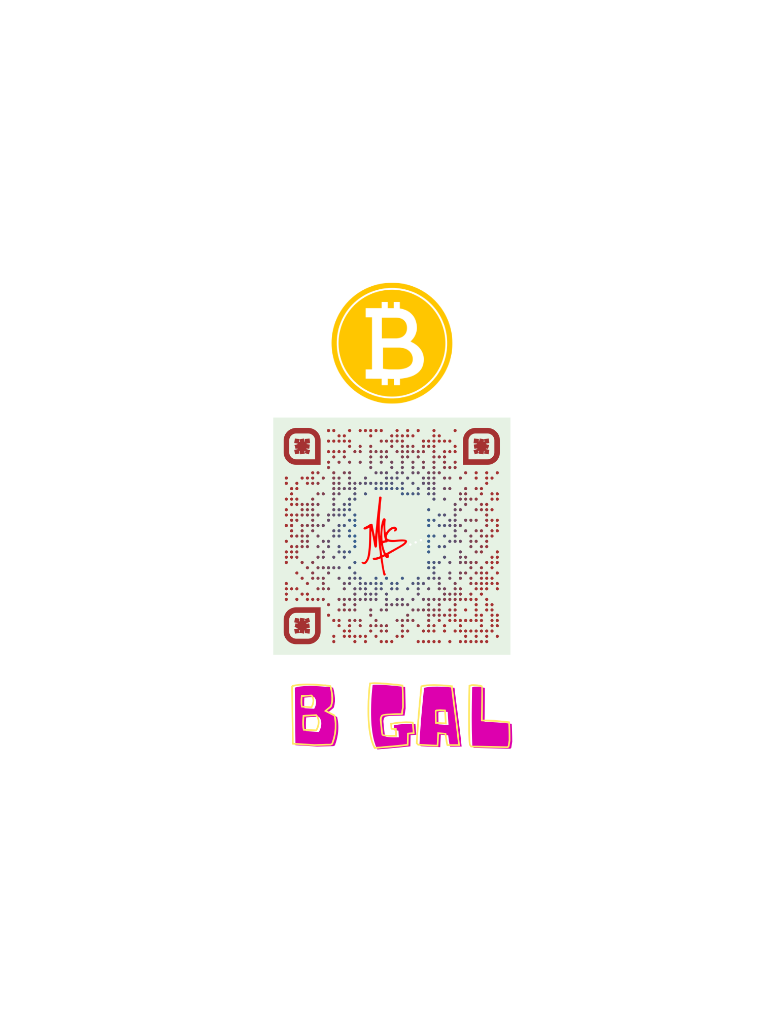 Image of a Bitcoin symbol above a QR code, with stylized text 'B GAL' underneath.