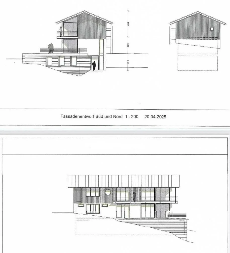 After months of sketches, ideas, and long conversations, these are the first drawings of what the outside of our house might look like. A small but meaningful step in this process.

The house is planned for a hillside plot in the Alps, so the shape a