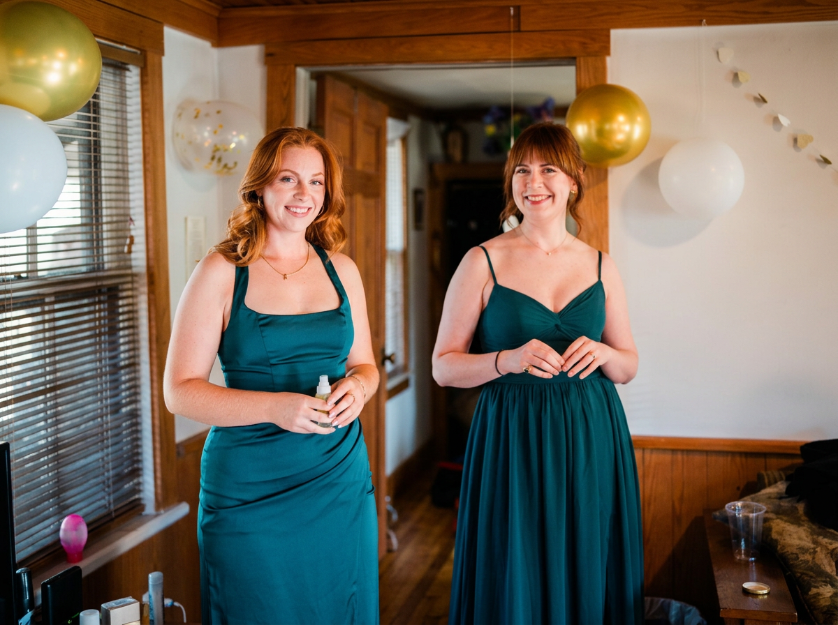 Two women in teal dresses standing indoors at a celebration or party, smiling with balloons in the background.