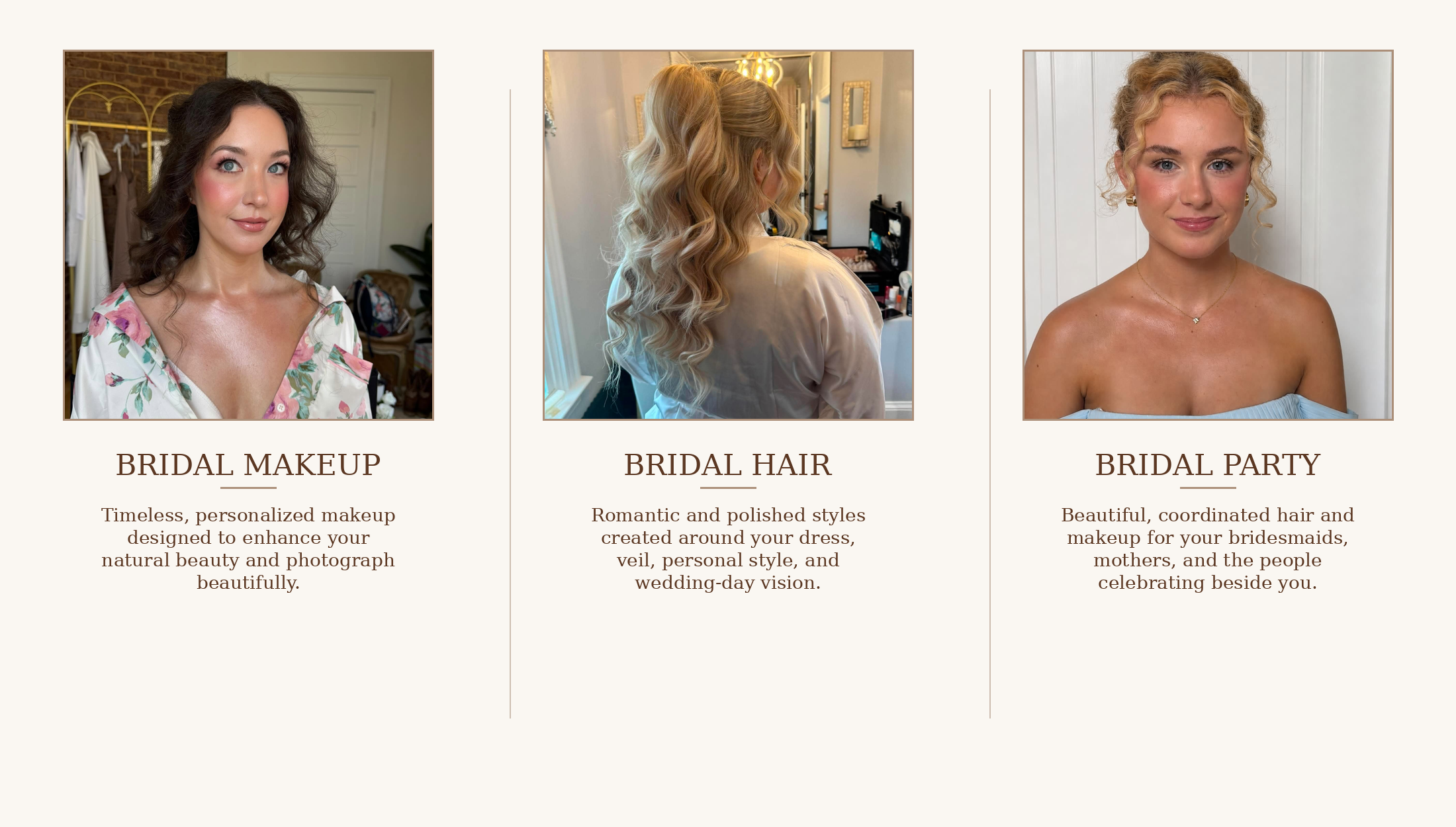 A webpage with three sections about bridal preparations. The first section shows a woman with makeup, labeled 'Bridal Makeup.' The second section shows a woman with styled, blonde, curled hair, labeled 'Bridal Hair.' The third section shows a woman with blonde curly hair and earrings, labeled 'Bridal Party.'
