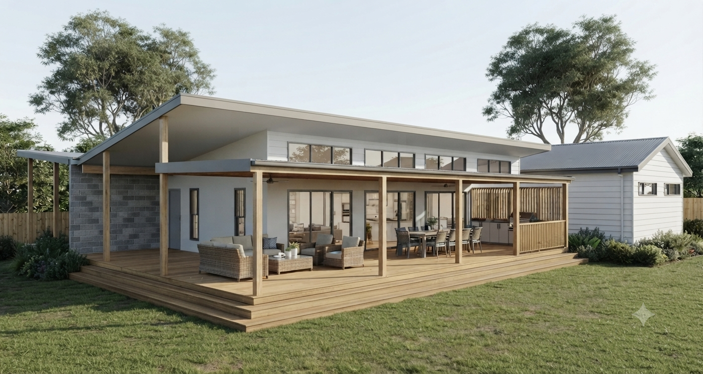 Line drawing of a modern house with a covered patio, outdoor furniture, and stairs leading up to the deck.