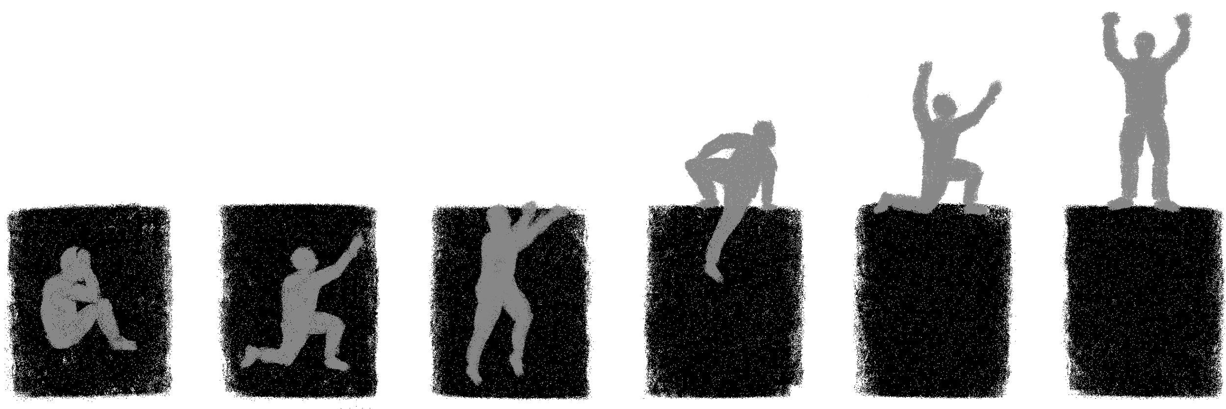 Silhouettes of a woman at different stages of jumping or dancing, showing progression from sitting to standing with arms raised.