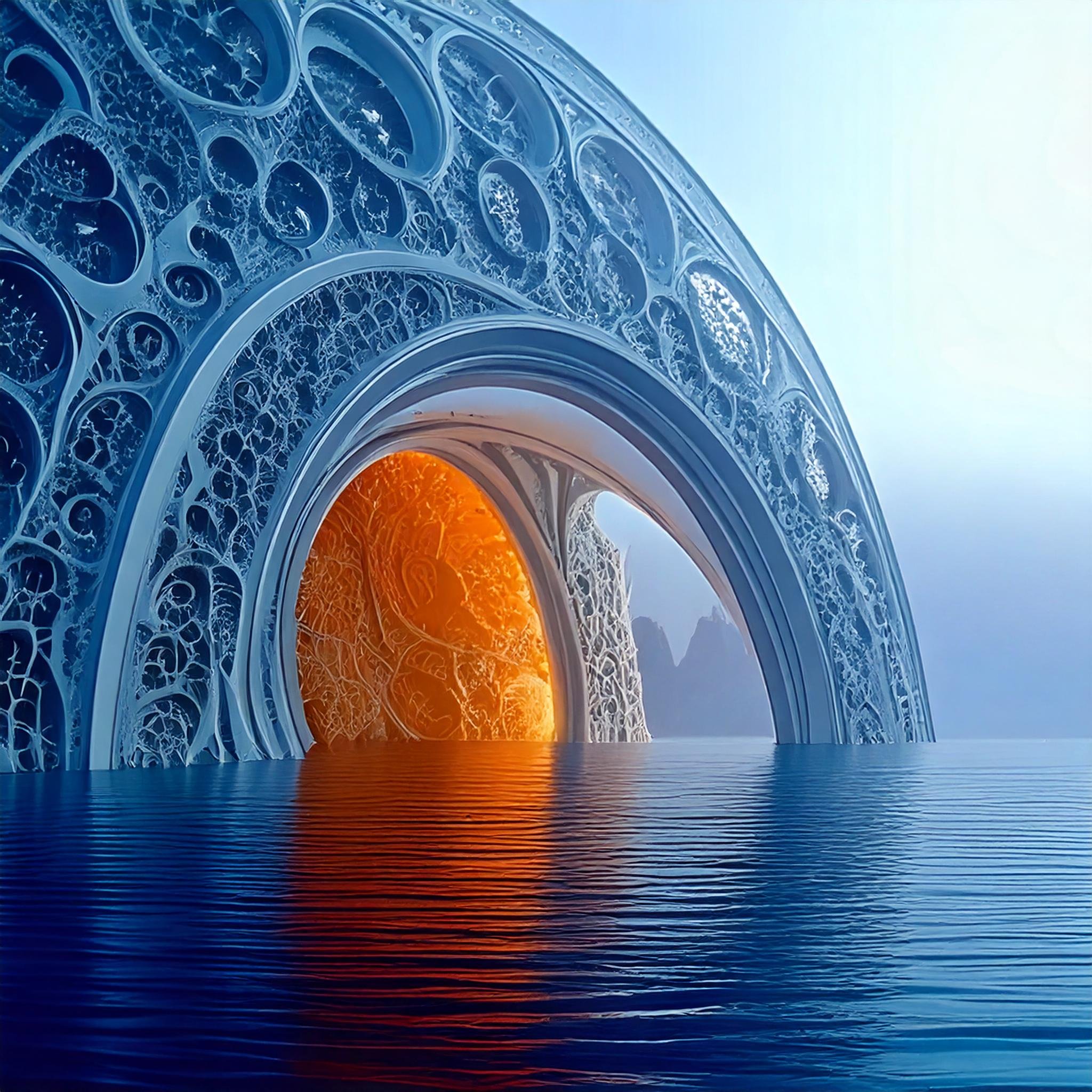 Firefly part of abstract building with glass in blue and orange mandelbrot set, art nouveau, mysteri (3).jpg
