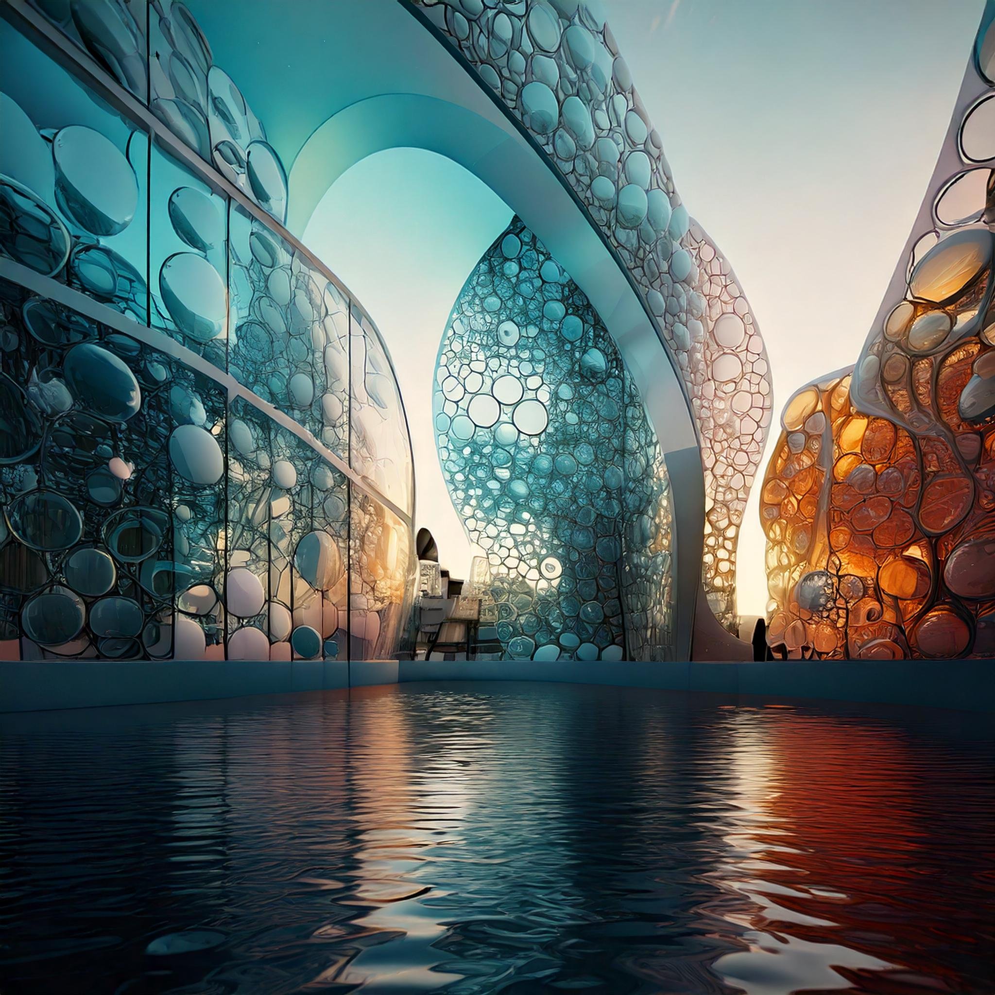 Firefly part of abstract building with glass in blue and orange mandelbrot set, modern art nouveau, .jpg