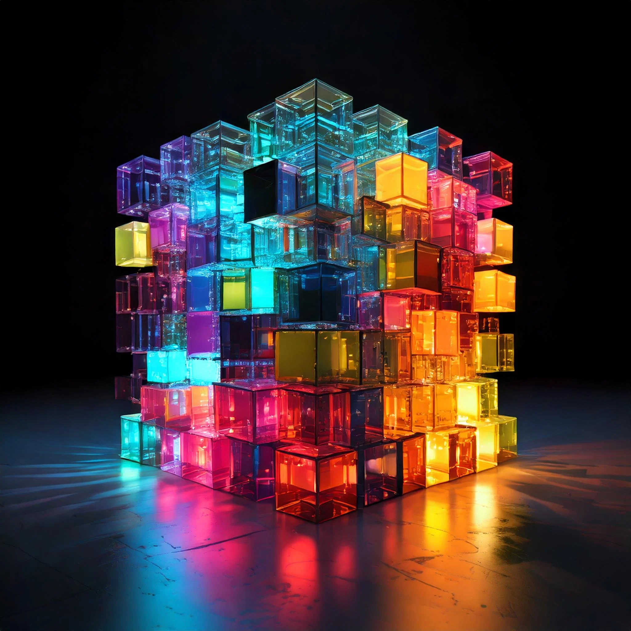 Firefly several colorful and enlighted cubes forming placed unregularly to a big cube, some cubes ar2.jpg