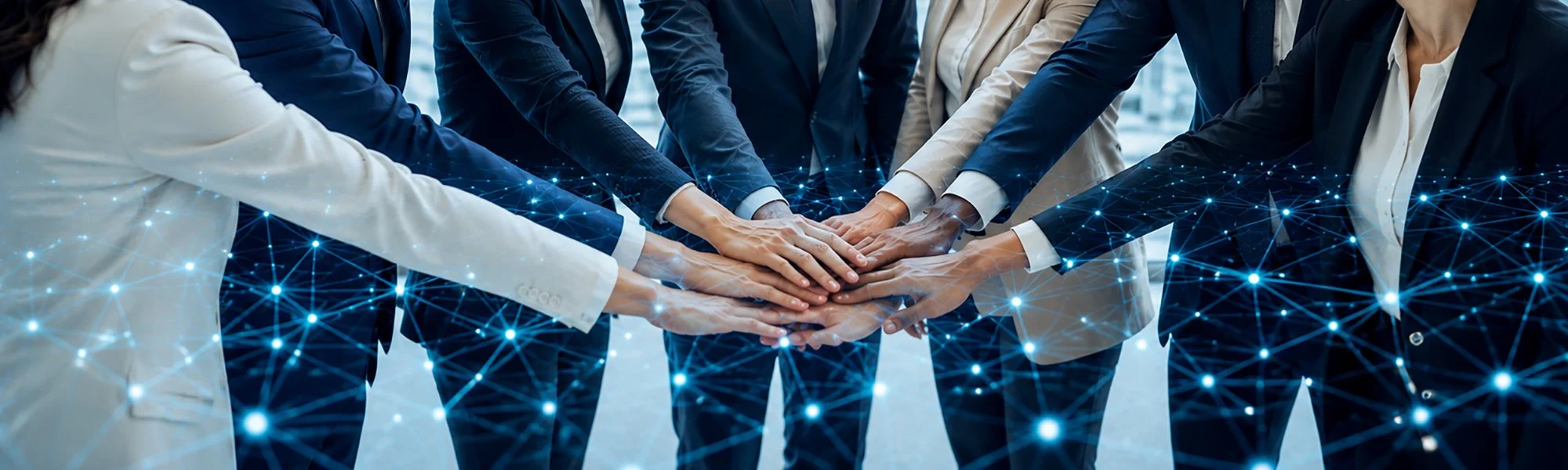 Seven business people stacking their hands together with connecting lines and lights overlayed