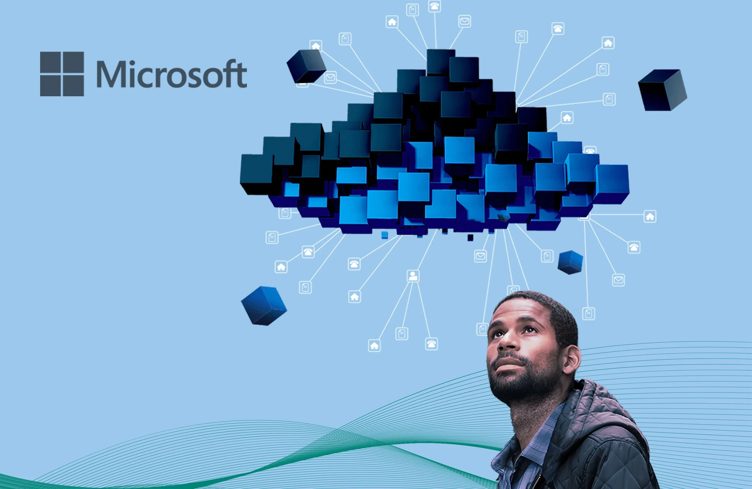 Man looking up at 3D cloud with lines and waves of connectivity running in the background