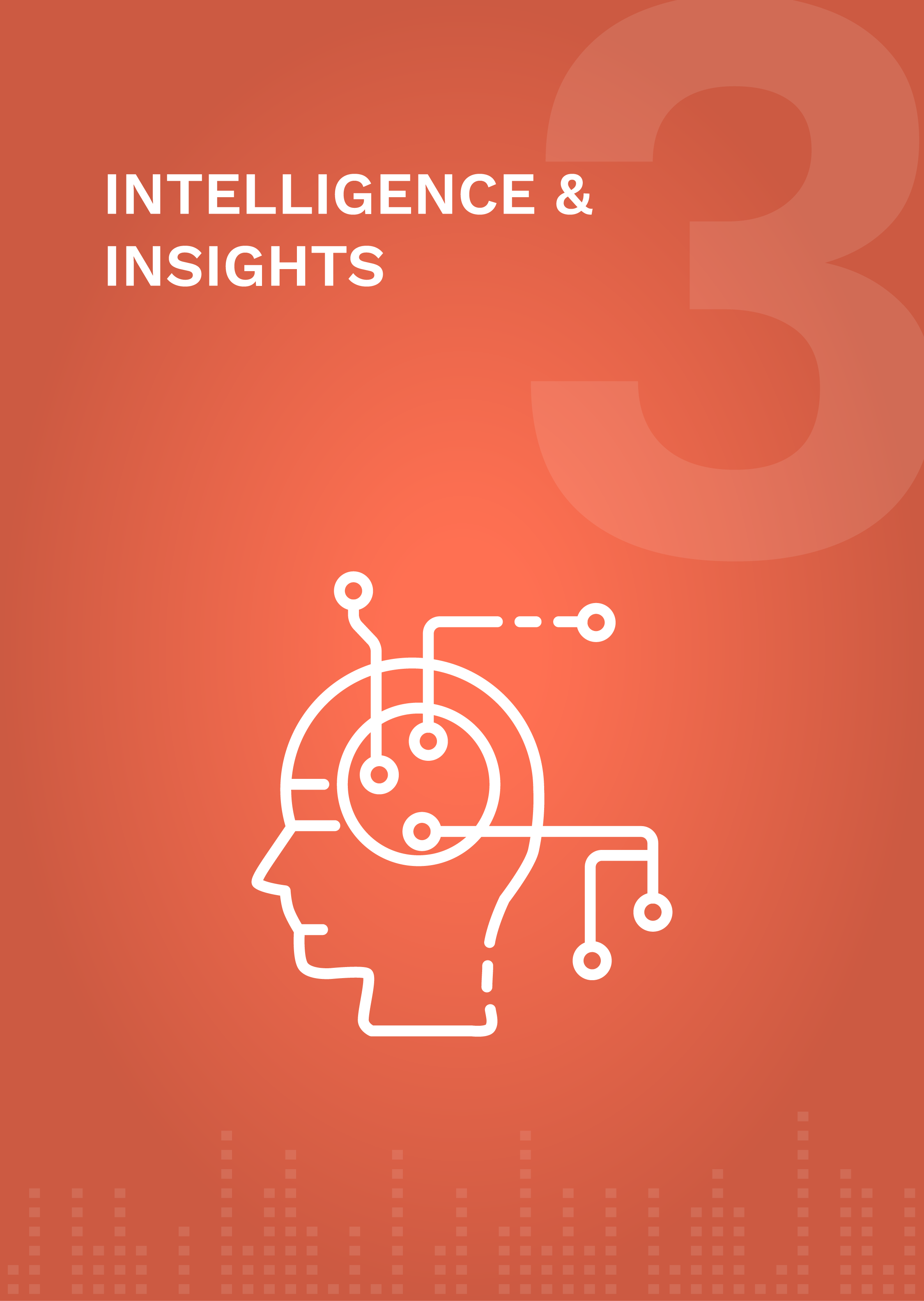 Intelligence & insights text with icon of a human head profile with AI connections streaming out