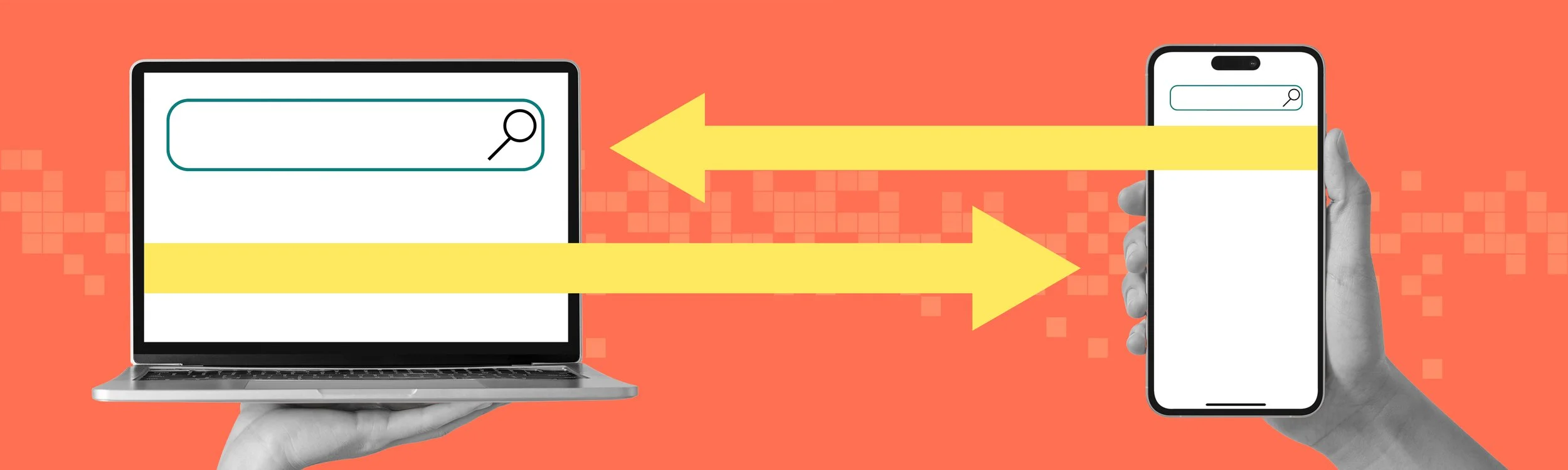 A hand holding a laptop and a hand holding a phone sit side by side with arrows leading from one to the other indicating co-selling activity