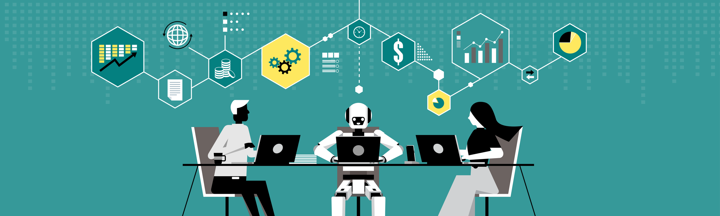 Illustration showing two colleagues working with AI to craft a strategy