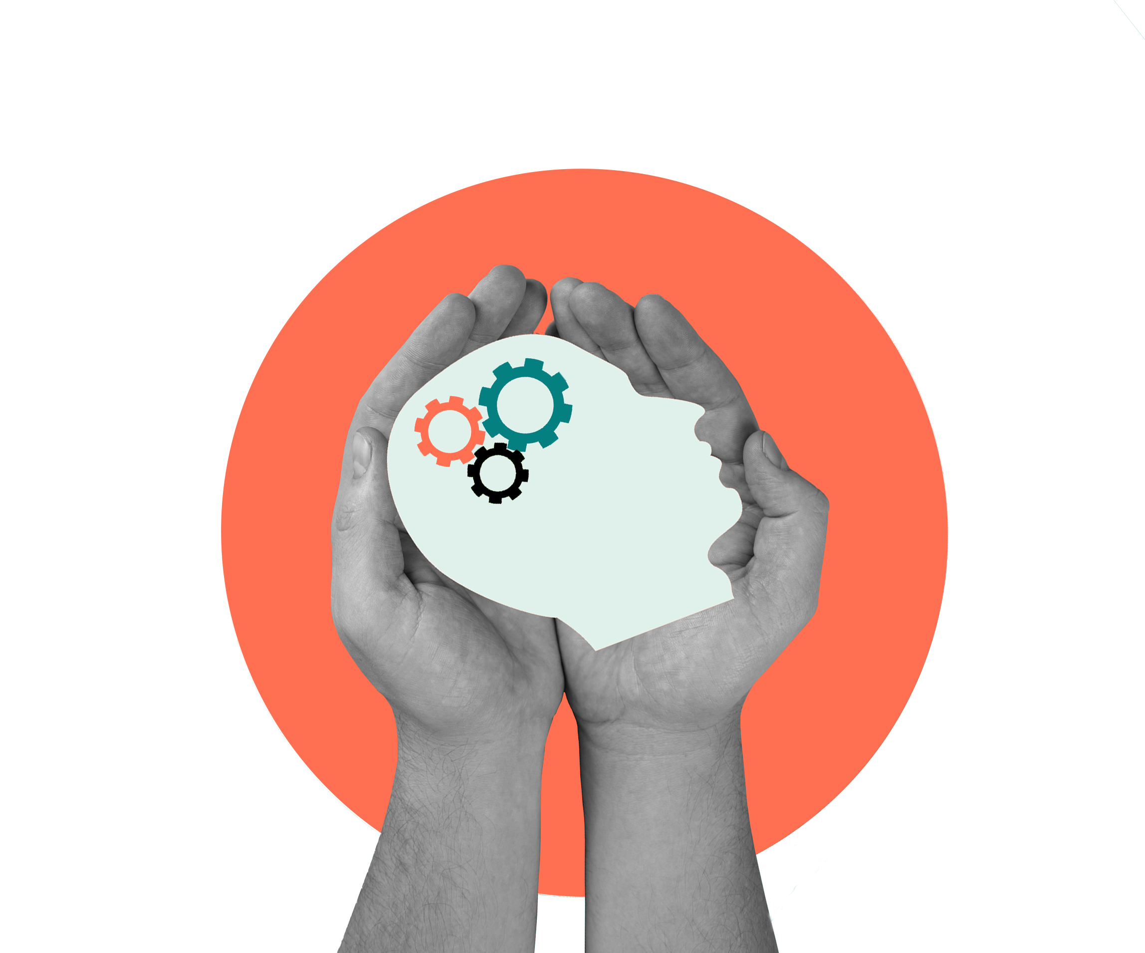Hands holding a cutout of a head with gears inside symbolizing AI strategy