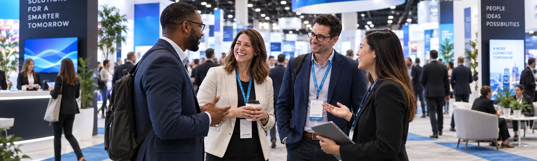 Four people at a large tech conference talking and smiling