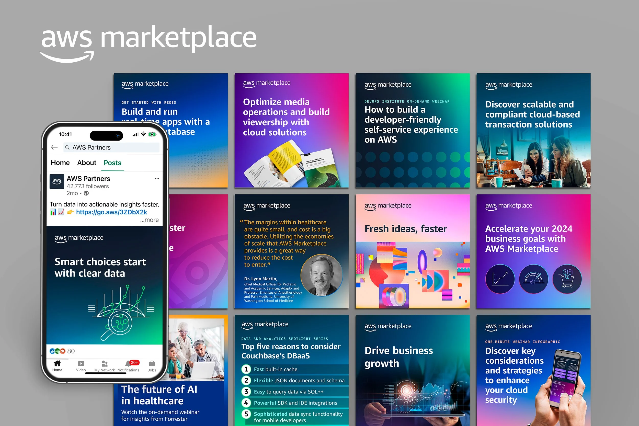 Collection of AWS Marketplace social media posts and digital graphics related to cloud solutions, data analysis, healthcare AI, business growth, and webinars.