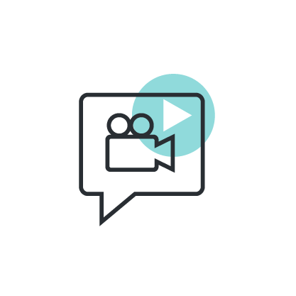 Icon image of a speech bubble with a video camera to symbolize a demo