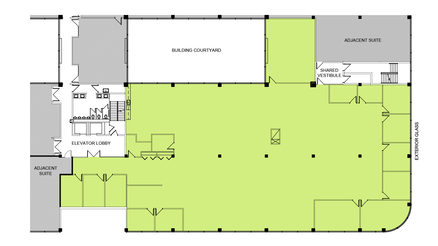 Floor plan with main area in green and labeled adjacent suites in gray.